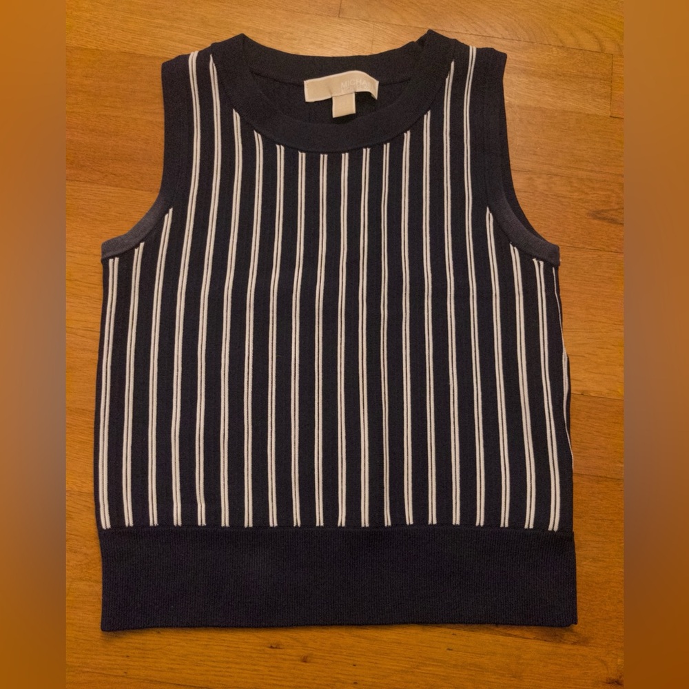 Michael Kors Dark Blue and White Striped Top- Ribbed- Chic- Elegant- Work